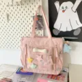 Pink cute aesthetic tote bag casual shoulder bag for women daily school use stylish bag - Tote Bag with Pendant / Pink