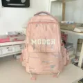 Pink casual backpack with colorful embroidery and MGDCH letters, ins style school bag for use. - Backpack / Pink White