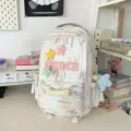 Japanese ins style casual backpack with colorful stripes plush star patches white school bag. - Backpack with Pendant / White Pink
