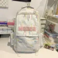 Japanese ins style casual backpack white with colorful embroidery and letter patch - Backpack / White Pink