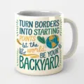 Detailed view of white ceramic coffee mug with inspirational typography print for office use. - Earth Quote
