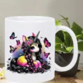 White ceramic coffee mug featuring a cute fantasy unicorn and colorful butterflies design. - 2