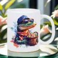 White ceramic coffee mug with cute watercolor alligator print, ideal for office daily use. - Crocodile Style