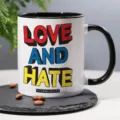 Close-up of ceramic coffee mug with black handle and bold typography design for office. - 301-400ml / Style 9