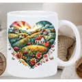 Ceramic coffee mug featuring a beautiful countryside heart landscape design for home office use. - Country Landscape
