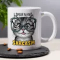 Close-up of white ceramic coffee mug with cute cat graphic and funny sarcasm text detail. - Style 6