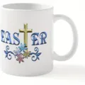 White ceramic coffee mug with Easter cross and floral print, perfect for office and daily use. - Easter Style