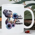 White ceramic coffee mug featuring stylish woman and sunflower art design for office use. - Style 7