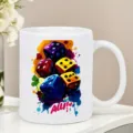 White ceramic coffee mug with colorful dice paint splatter graphic, office and home daily use cup. - Dice Splash