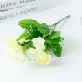 Artificial silk rose flower bouquet detail, light yellow floral arrangement for home decor. - White