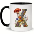Taza de cafe de ceramica con estampado de letra X botanica, asa negra, uso en oficina. - 301-400ml / Estilo 9