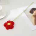 Handmade knitted red flower with green stem, cute crochet floral decor for home and tabletop. - Red