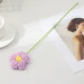 Single branch crochet knitted artificial flower with pink petals and green stem for home decor. - Purple