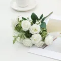 White artificial rose bouquet faux silk flowers for wedding home table decoration 10 heads - White