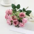 Artificial rose bouquet 10 heads pink fake flowers for home decoration wedding table. - Deep Pink