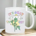 White ceramic coffee mug with cute crying flower design, inspiring quote office cup - Style 7