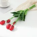 Mini soft PU tulip artificial flower bouquet, realistic red floral decor for home. - Soft Glue Tulip - Burgundy