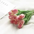 Artificial Mini PU Tulip Flower Bouquet Home Decor Realistic Fake Floral Arrangement Pink - Mini Tulip - Rose Red