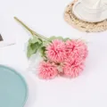 Pink artificial ball chrysanthemum flower bouquet detail, tabletop arrangement decor. - Rose Red