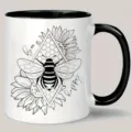 Taza de cerámica con asa negra y diseño artístico de línea de abeja y girasol para oficina y hogar - 301-400ml / Estilo Abeja Girasol