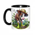 Detailansicht einer süßen Keramik-Kaffeetasse mit niedlichem Kuh-Bauern und schwarzem Henkel. - 301-400ml / Stil 9