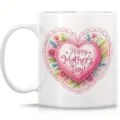 Detailed close-up view of a white ceramic coffee mug featuring a lovely Mother's Day design. - 301-400ml / Style 9