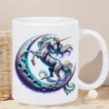 Detailed view of white ceramic coffee mug featuring a magical unicorn and moon design pattern. - Unicorn