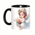 Detailansicht einer Keramiktasse mit einem süßen Engel und Rosen Grafikdesign. - 301-400ml / Stil 6