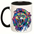 Keramik Kaffeetasse mit schwarzem Henkel und buntem abstrakten Löwen Pop-Art Motiv. - 301-400ml / Stil 4