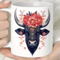 Detailed ceramic coffee mug featuring decorative bull head with floral design for office use - 301-400ml / Style 2