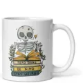 White ceramic coffee mug with cute reading skeleton illustration and inspiring book quotes. - 301-400ml / Style 10