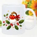 Detailed view of white ceramic coffee mug featuring cute Christmas robin bird and red berry print. - 301-400ml / Style 3