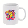 Close-up detail of white ceramic coffee mug showcasing colorful Happy Birthday printed graphic design. - 301-400ml / Style 8