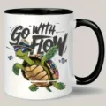 Detailed view of a ceramic coffee mug featuring a cool cartoon turtle design and text. - Sea Turtle Graffiti Style
