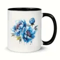 Detailed view of ceramic coffee mug featuring stunning blue watercolor flowers and black handle. - Watercolor Floral Style