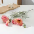 Detail view of artificial poppy flower branch, flocked silk floral decor for home. - Pink
