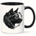 Close-up detail of ceramic coffee mug featuring stylish cyberpunk wolf graphic design. - Design 5