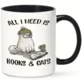 Close up of ceramic mug featuring cute cat illustration and funny book reading quote text. - Design 9