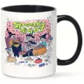 Ceramic coffee mug with a fun Halloween skeleton illustration, black handle and rim. - Design 10