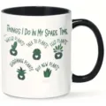 Black white ceramic coffee mug with funny plant lover quotes and green potted plant graphic. - Design 4