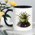 Ceramic coffee mug with black handle and rim, featuring a festive green monster design for office. - Design 8