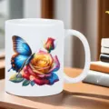 Mooie witte keramische koffiemok met blauwe vlinder en kleurrijke rozenprint erop. - Stijl 2
