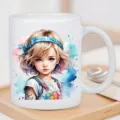 Detail shot of a white ceramic coffee mug featuring a cute watercolor girl illustration. - 301-400ml / Style 5