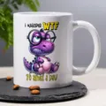 Taza de cafe de ceramica con dinosaurio morado, lindo mug de oficina con frase divertida. - Estilo 10