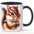 Detalle de la taza de café de cerámica con ardilla bonita y asa negra de color elegante. - Ardilla listada