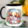 Cute cartoon puppy ceramic mug detail, black and white coffee cup with lovely flower window print. - 301-400ml / 2
