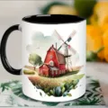 Taza de cerámica primer plano con encantador diseño de impresión artística de granja y molino de viento. - Paisaje de Granja