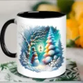 Ceramic coffee mug detail showing winter snowman illustration, black handle and interior design. - 301-400ml / 4