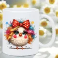 Nahaufnahme Detail der niedlichen bunten Cartoon-Vogel-Keramik-Kaffeetasse mit roter Schleife. - Vogel-Stil