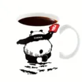 Keramik Kaffeetasse Detail mit Pandamotiv Druck und China Text, glänzende weiße Oberfläche. - Großer Panda Stil